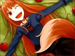  animal_ears apple grass holo necklace open_mouth red_eyes spice_and_wolf tail wink wolfgirl 