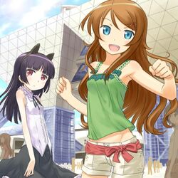  2girls alternate_hair_color animal_ears bare_shoulders black_hair blue_eyes bow brown_hair buntan camisole cat_ears dress fang gokou_ruri hair_ornament hairclip hime_cut kousaka_kirino long_hair looking_at_viewer mole multiple_girls open_mouth ore_no_imouto_ga_konna_ni_kawaii_wake_ga_nai red_eyes shorts skirt tokyo_big_sight 