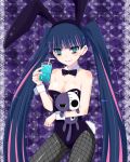  blue_hair bunny_ears bunnysuit cat drink fishnet_pantyhose fishnets green_eyes honekoneko honekoneko_(psg) kay long_hair panty_&amp;_stocking_with_garterbelt pantyhose rabbit_ears stocking_(character) stocking_(psg) straw stuffed_animal stuffed_toy twintails 