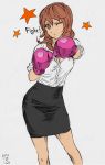  bad_id boxing_gloves breasts brown_eyes brown_hair cleavage copyright_request highres office_lady sketch sleeves_rolled_up wink 