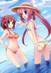  :d absurdres bikini breasts brown_hair cleavage copyright_request dutch_angle flower green_eyes hand_behind_head hat highres hiroichi long_hair looking_back multiple_girls open_mouth purple_eyes red_eyes short_hair smile submerged swimsuit violet_eyes 