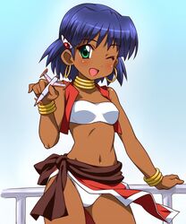  aqua_eyes bandeau bracelet dark_skin earrings fushigi_no_umi_no_nadia itoji jewelry loincloth nadia navel neck_ring open_mouth panties railing rocket smile tubetop underwear wind wind_lift wink 