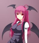  arm_garter ash_(pixiv) bad_id bat_wings breasts demon_girl head_wings impossible_clothes impossible_clothing impossible_shirt koakuma large_breasts necktie red_eyes red_hair redhead shirt simple_background slit_pupils smile the_embodiment_of_scarlet_devil touhou wings 