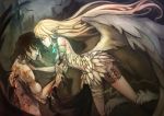  absurdres bandage bandages black_hair blonde_hair blood feathers haimerejzero highres injury pointy_ears siren siren_(monster) tattoo wings wounds 