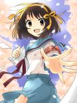  brown_hair cherry_blossoms face foreshortening hair_ribbon hairband hands kuro_(makkuro96) looking_back paper ribbon school_uniform short_hair smile suzumiya_haruhi suzumiya_haruhi_no_yuuutsu 