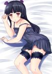  bare_shoulders black_hair blush flower garters gokou_ruri hair_flower hairband hinata_sora long_hair lying ore_no_imouto_ga_konna_ni_kawaii_wake_ga_nai purple_rose red_eyes rose solo 