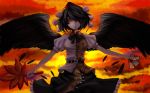  black_hair card emerane fan feathers glowing glowing_eyes hair_over_one_eye hat highres holding holding_card merutoreimu red_eyes shameimaru_aya short_hair solo spell_card sunset tokin_hat touhou wings 