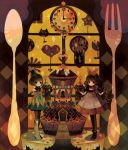  boots bow brown_hair cake candy clock elbow_gloves food fork fruit girl_in_food gloves hair_bow hat heart in_food long_hair mini_top_hat minigirl multiple_girls necktie original pantyhose short_hair spoon standing strawberry top_hat yumi_(tuzisaka) 