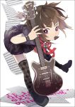  bracelet brown_hair electric_guitar guitar instrument jewelry leaning_forward maejima mouth_hold original paper plectrum purple_eyes shoes short_hair short_sleeves solo thigh-highs thighhighs violet_eyes zettai_ryouiki 