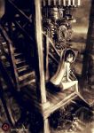 bare_back bare_shoulders black_hair breasts drink from_behind gears highres juice_box light_smile looking_back machine no_shirt original robce_lee sepia short_hair shorts sideboob sitting solo stairs topless 