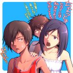  bare_shoulders black_eyes black_hair brown_eyes brown_hair closed_eyes dark_skin dress eyes_closed ikezawa_kazuma kayu koiso_kenji purple_hair shinohara_natsuki shouting summer_wars sundress sweat sweatdrop tank_top tears translated 