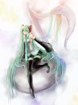  boots detached_sleeves green_eyes green_hair hatsune_miku headset highres long_hair musclecar musical_note necktie sitting skirt solo thigh-highs thigh_boots thighhighs twintails very_long_hair vocaloid 