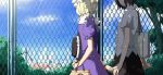  bag chainlink_fence city dress fence hand_holding handbag hat hat_removed head_out_of_frame headwear_removed maribel_han maribel_hearn multiple_girls outdoors purse sakuraba_yuuki short_hair touhou usami_renko 