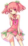  bare_shoulders blush copyright_request detached_cuffs eyebrows flower hair_flower hair_ornament pink_eyes pink_hair sasyan short_twintails simple_background smile twintails wrist_cuffs 