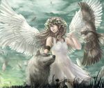  brown_hair dress eagle feathers flower hair_flower hair_ornament highres long_hair original sky solo takakyo white_dress wolf 