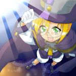  blazblue blonde_hair buttons cape carl_clover cloak ear glasses gloves green_eyes hat looking_up lowres male open_mouth ribbon shorts smile solo top_hat 
