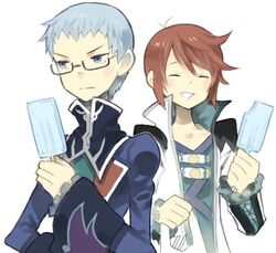  asbel_lhant bad_id blue_eyes blue_hair brothers brown_hair food glasses hubert_ozwell ice_cream male multiple_boys siblings smile tales_of_(series) tales_of_graces white_background zenmai 