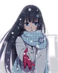  blue_eyes coat copyright_request galibo gloves hair_ornament hairclip long_hair outstretched_hand scarf snow solo 