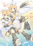  blonde_hair blue_eyes detached_sleeves feathers fish hair_ornament hairclip headset kagamine_len kagamine_rin musical_note open_mouth ron_(lovechro) short_hair shorts siblings sleeveless twins vocaloid wings 