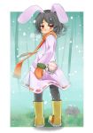 animal_ears black_hair blush boots bunny_ears bunny_tail coat flat_gaze inaba_tewi looking_back mittens niji_sugi pantyhose rabbit_ears red_eyes scarf short_hair snowing solo tail touhou winter_clothes 