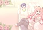  1boy 1girl angel_beats! barefoot blue_eyes blue_hair casual chocho_(homelessfox) couch flower hair_ornament hair_ribbon hinata_(angel_beats!) long_hair lying on_back open_mouth pink_eyes pink_hair ribbon sitting smile twintails yui_(angel_beats!) 