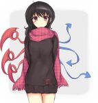  akisa alternate_costume asymmetrical_wings bad_id black_hair contemporary houjuu_nue plaid plaid_scarf red_eyes scarf short_hair simple_background solo sweater sweater_dress thighs touhou wings 