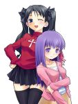  aqua_eyes black_hair black_legwear black_thighhighs blue_eyes bow fate/stay_night fate_(series) female hair_bow hair_ribbon long_hair matou_sakura multiple_girls purple_eyes purple_hair ribbon siblings sisters skirt thigh-highs thighhighs tohsaka_rin toosaka_rin toruneko turtleneck twintails violet_eyes zettai_ryouiki 