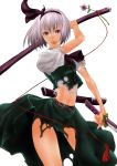  absurdres blue_eyes hairband highres himari0812 katana konpaku_youmu legs lips purple_eyes short_hair silver_hair solo sword torn_clothes touhou weapon 