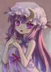  :o bare_shoulders blush bust crescent crescent_moon hands_together hat long_hair open_mouth patchouli_knowledge purple_eyes purple_hair sleeveless touhou violet_eyes 