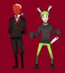  chuck chuck_(psg) collar fastener fastener_(psg) formal genderswap green_hair jacket_(jackt) meryl_santos multiple_boys panty_&amp;_stocking_with_garterbelt personification red_hair red_skin redhead simple_background suit zipper 