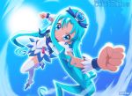  blue blue_background blue_eyes blue_hair blush character_name cloud clouds cure_marine heart heartcatch_precure! kurumi_erika long_hair magical_girl precure shisui skirt sky solo sun thigh-highs thighhighs title_drop white_legwear white_thighhighs wrist_cuffs 