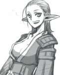  breasts cleavage elf elvaan elvan fang female final_fantasy final_fantasy_xi monochrome monocrome pointy_ears short_hair simple_background sketch solo white_background 