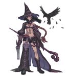  bikini_top boots braid brown_hair feathers gun hat long_hair loped original raven_(animal) scar short_shorts shorts shotgun single_braid single_pantsleg solo staff tattoo very_long_hair weapon witch witch_hat 