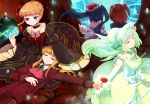  5girls bad_id beatrice blonde_hair blue_hair bonnet claire_bernardus dress elbow_gloves flower formal frills furudo_erika gloves green_hair hair_ornament kamaboko kamaboko_red multiple_girls ponytail red_hair redhead ribbon suit umineko_no_naku_koro_ni ushiromiya_ange ushiromiya_lion 