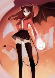  black_hair black_legwear black_thighhighs bow demon_girl demon_tail fate/stay_night fate_(series) female fire hair_bow hair_ribbon horns jack-o&#039;-lantern jack-o'-lantern long_hair miniskirt necktie pumpkin purple_eyes red_hair ribbon single_wing skirt sweater tail thigh-highs thighhighs tohsaka_rin toosaka_rin turtleneck twintails usakes wings zettai_ryouiki 