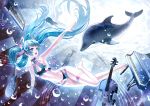  aqua_eyes aqua_hair armpits barefoot bikini bubble dolphin freediving guitar hair_ornament hatsune_miku instrument k+ keyboard keyboard_(instrument) legs long_hair musical_note piano solo swimsuit trumpet twintails underwater very_long_hair violin vocaloid 