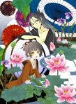  egasumi flower frog highres iris_(flower) japanese_clothes kimono lotus oriental_umbrella original sakisato_kiriko umbrella 