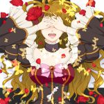  beatrice blonde_hair brooch chess_piece choker covering covering_eyes covering_face dress flower jewelry lips long_hair nonotan open_mouth petals red_rose rose rose_petals solo tears umineko_no_naku_koro_ni 