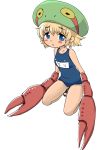  aizawa_shin blonde_hair blue_eyes blush_stickers claws crab flat_chest hat one-piece_swimsuit original pincers sandals school_swimsuit short_hair simple_background solo swimsuit white_background 