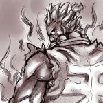  akuma flame from_behind gouki heaven_(kanji) male monochrome shiba_murashouji shun_goku_satsu street_fighter 