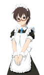  brown_eyes brown_hair enmaided fukuoka_katsumi glasses half_rim_glasses k-on! maid manabe_nodoka red-framed_glasses semi-rimless_glasses short_hair under-rim_glasses v_arms wrist_cuffs 