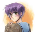  bad_id brown_eyes cardigan glasses grey_hair kiwi_(ohyeah2050) looking_back nagato_yuki school_uniform short_hair solo suzumiya_haruhi_no_yuuutsu 
