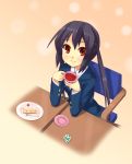  black_hair brown_eyes cake cup food fork highres k-on! long_hair nakano_azusa plate ponishi. school_uniform solo table tea teacup twintails 