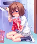 blue_eyes blush brown_hair clothes_sniffing kud_wafter little_busters!! short_hair shorts skirt zen 