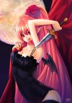  dagger flower full_moon hair_flower hair_ornament licking_lips long_hair moon original pink_hair pointy_ears red_eyes red_rose rose solo tamarashi thighhighs tongue weapon wings 
