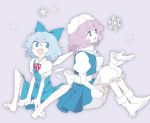  :d bad_id barefoot boots cirno letty_whiterock maronii multiple_girls open_mouth simple_background sitting smile snowflakes touhou 
