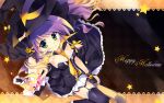  black_legwear broom broom_riding fingerless_gloves garter_belt gloves green_eyes halloween happy_halloween hat highres jack-o&#039;-lantern jack-o'-lantern looking_up necktie original pumpkin purple_hair rei_(artist) rei_(rei&#039;s_room) rei_(rei's_room) smile solo star thigh-highs thighhighs wallpaper witch_hat 