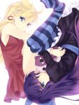  bad_id blonde_hair blue_eyes blue_hair doll doll_hug earrings fetal_position honekoneko_(psg) jewelry long_hair maruki_(punchiki) multicolored_hair multiple_girls panty_&amp;_stocking_with_garterbelt panty_(character) panty_(psg) plush plush_hug punchiki smile stocking_(character) stocking_(psg) striped striped_legwear striped_thighhighs thigh-highs thighhighs two-tone_hair 