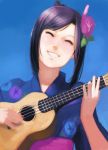  ataruman blue_background bust closed_eyes eyes_closed eyes_clsoed flower grin hair_flower hair_ornament head_tilt instrument japanese_clothes kimono obi playing_instrument purple_hair shinohara_natsuki smile solo summer_wars ukelele ukulele 