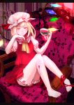  bad_id barefoot blonde_hair blood cup feet flandre_scarlet hat highres injury red_eyes rushka short_hair side_ponytail solo tea teacup tears touhou wings wound wounded 